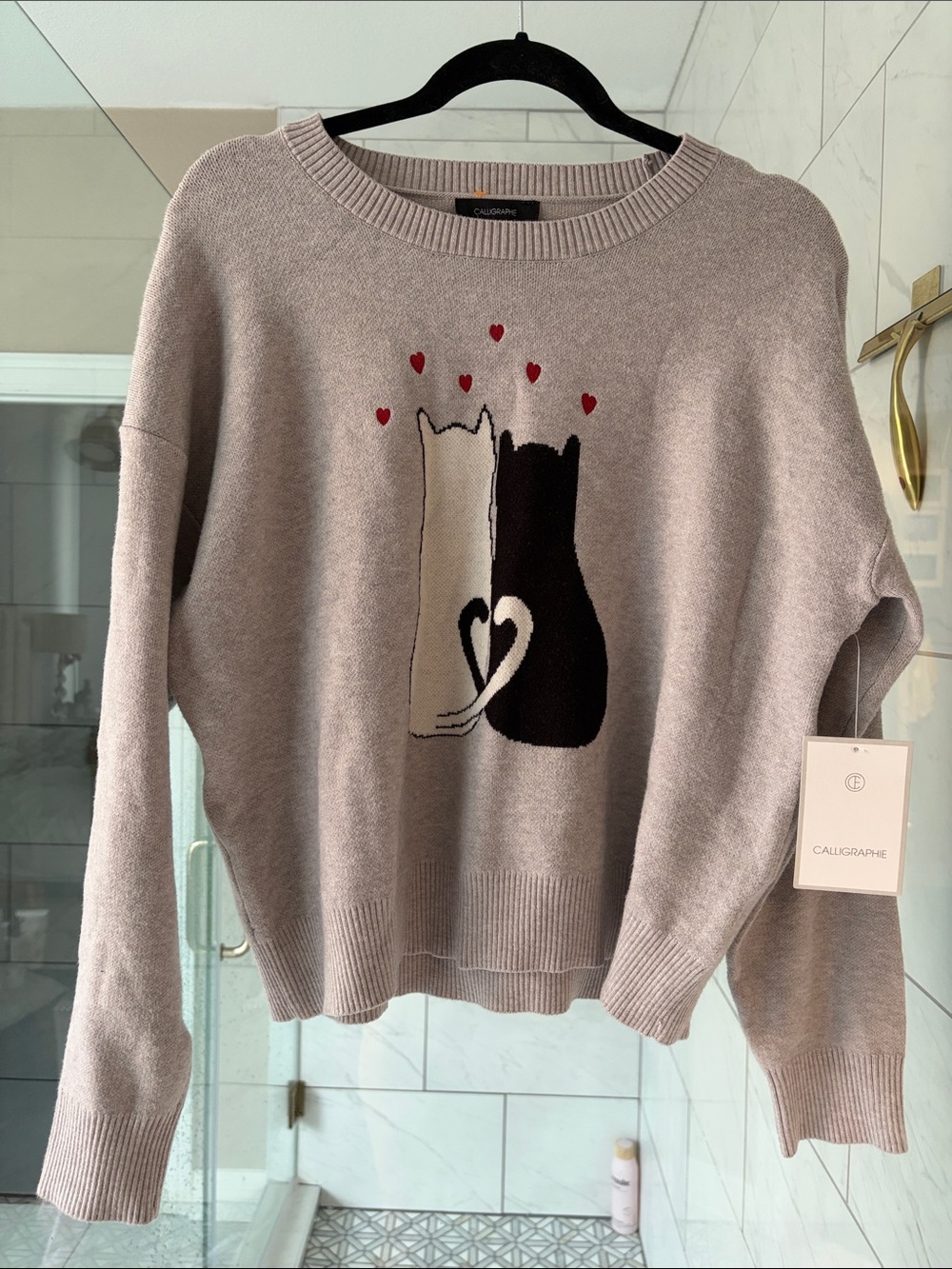 Novelty Cat-Graphic Heart-print pullover relaxed preppy Crewneck Sweater top L